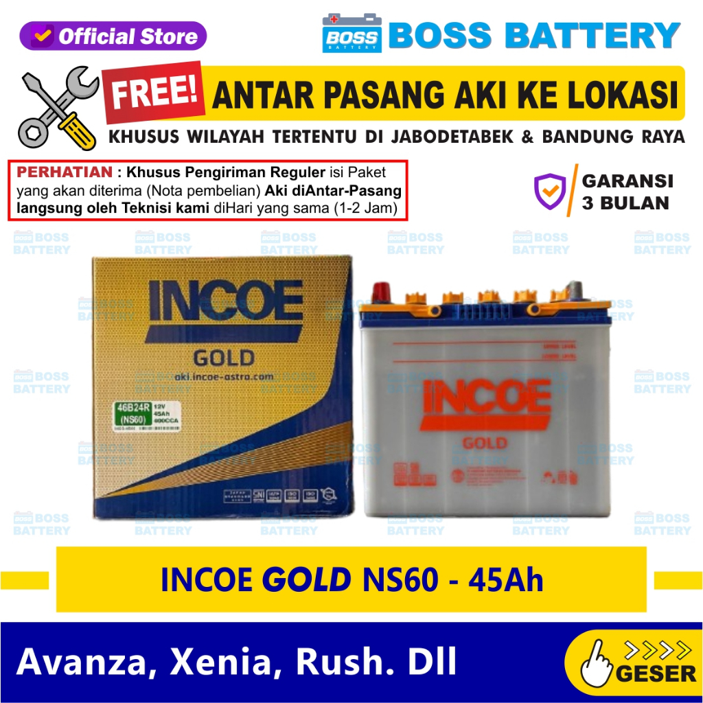 Aki Incoe NS60 12V 45Ah - Aki mobil INCOE GOLD, Aki Basah siap pakai, Minim perawatan