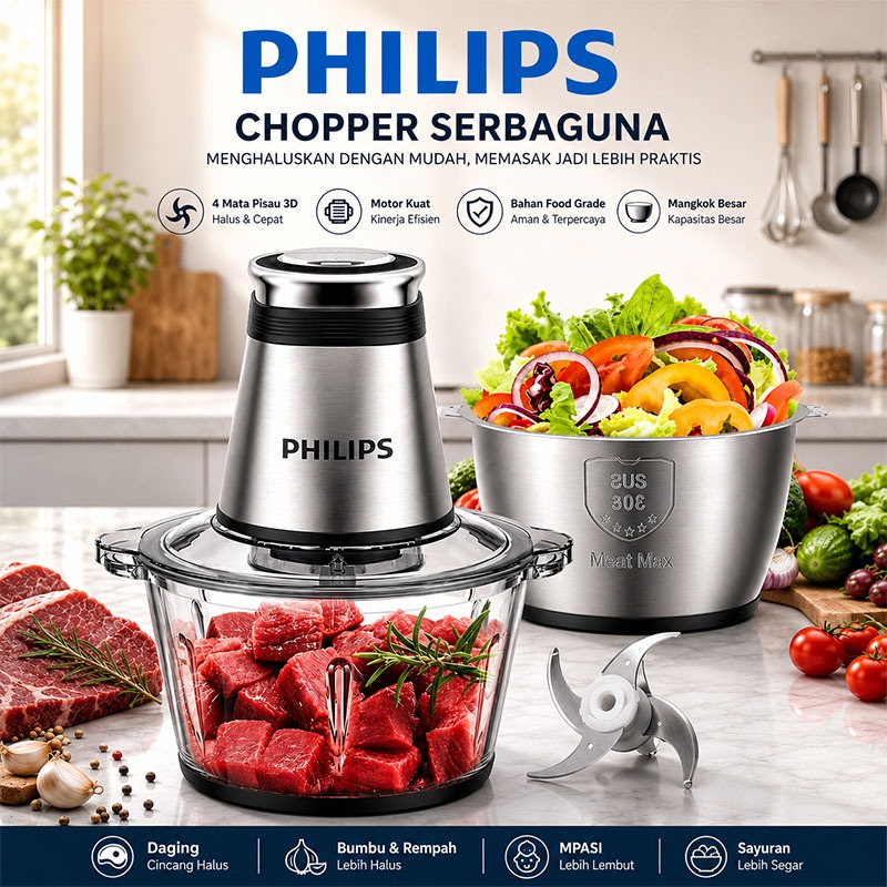 Chopper Blender philips Kaca  2L Penggiling Daging Bumbu Bawang Serbaguna 400W  2 Speed