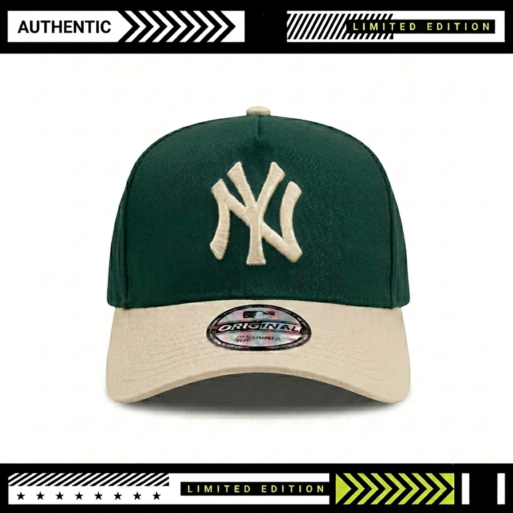 Topi NY Krem Visor Krem Crown Hijau Botol -Snapback A-Frame Premium