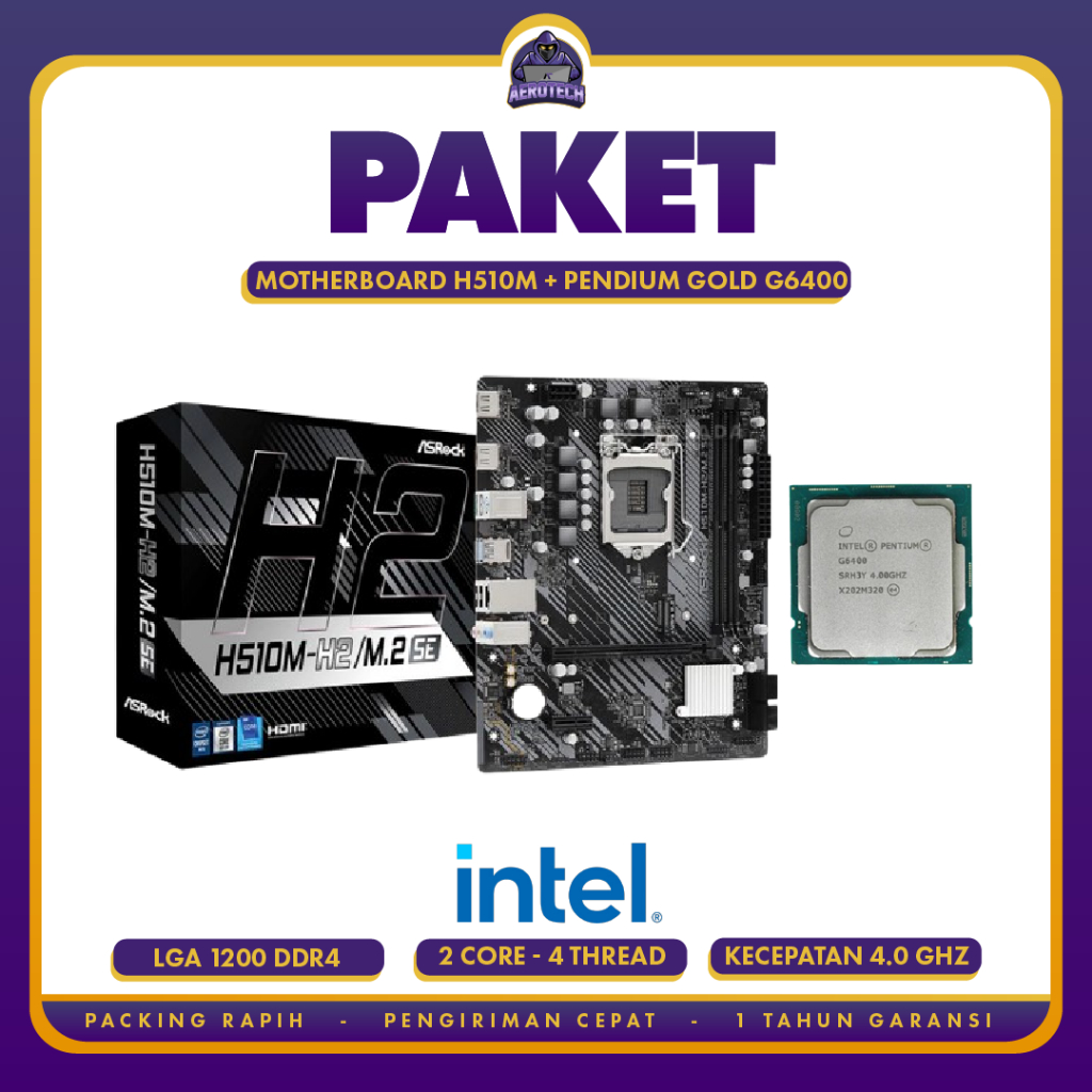 PAKET MOTHERBOARD ASROCK H510M DAN INTEL PENTIUM GOLD G6400 LGA 1200 GARANSI RESMI