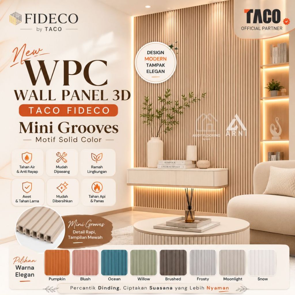 WPC Wall Panel 3D TACO FIDECO Mini Grooves Motif Solid Color | Panel Dinding Interior Estetik Modern