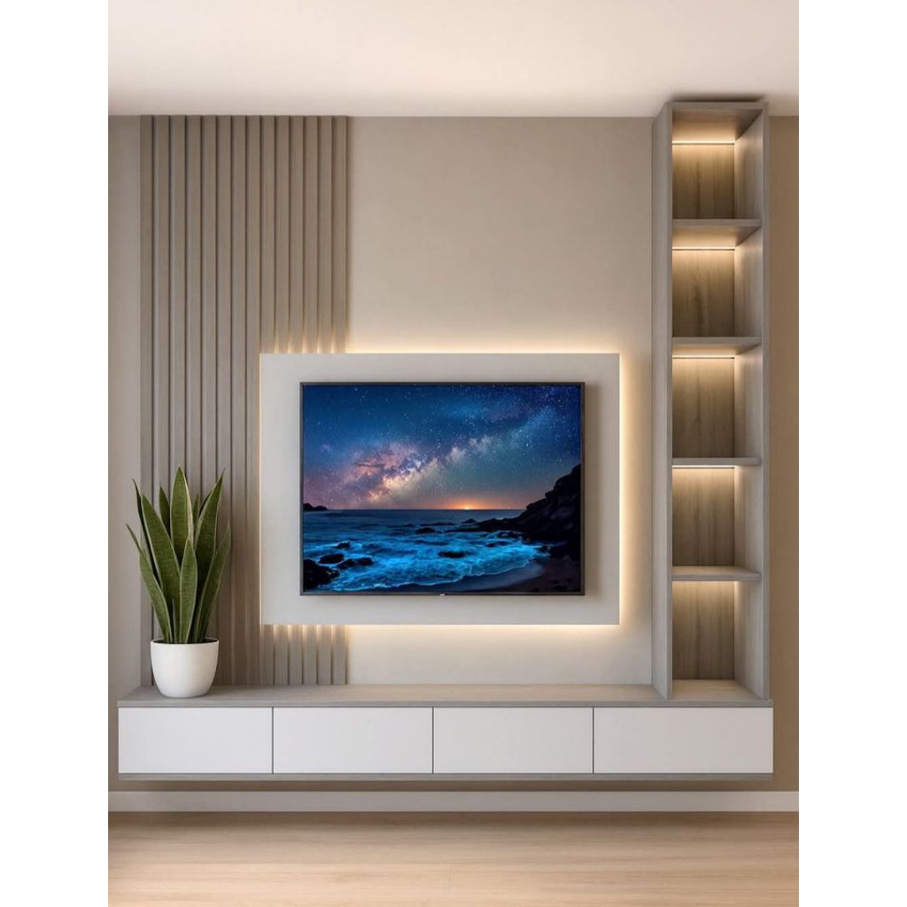 bacdrop tv set, meja tv rak susun backdrop