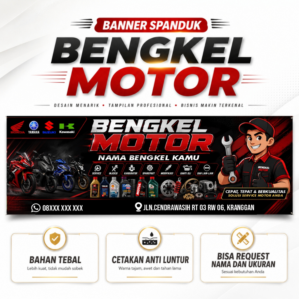 SPANDUK BENGKEL MOTOR BANNER BENGKEL MOTOR BISA CUSTOM NAMA DAN UKURAN