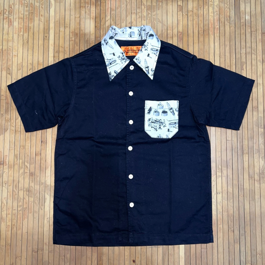 SAMURAI JEANS JAPAN MOTOR CLUB BLACK SHORT SLEEVE WORK WEAR SHIRT RRL harley davidson iron heart