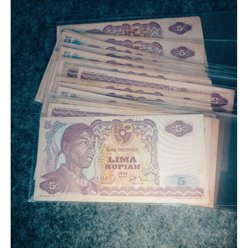 uang kertas kuno 5 rupiah Sudirman kondisi bekas edar