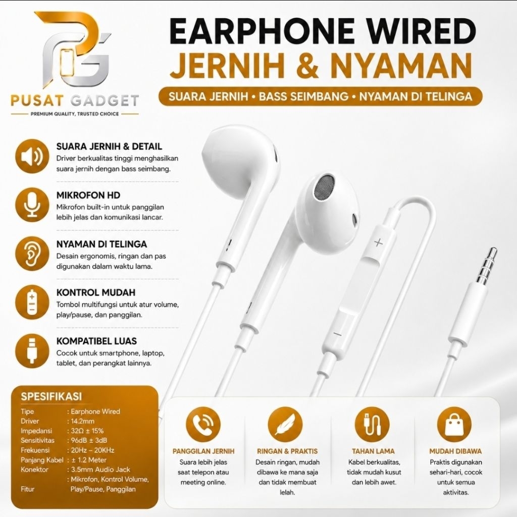 Earphone Kabel Jack 3.5mm Dengan Mikrofon Headset Stereo HD Bass Jernih untuk Android Smartphone Lap