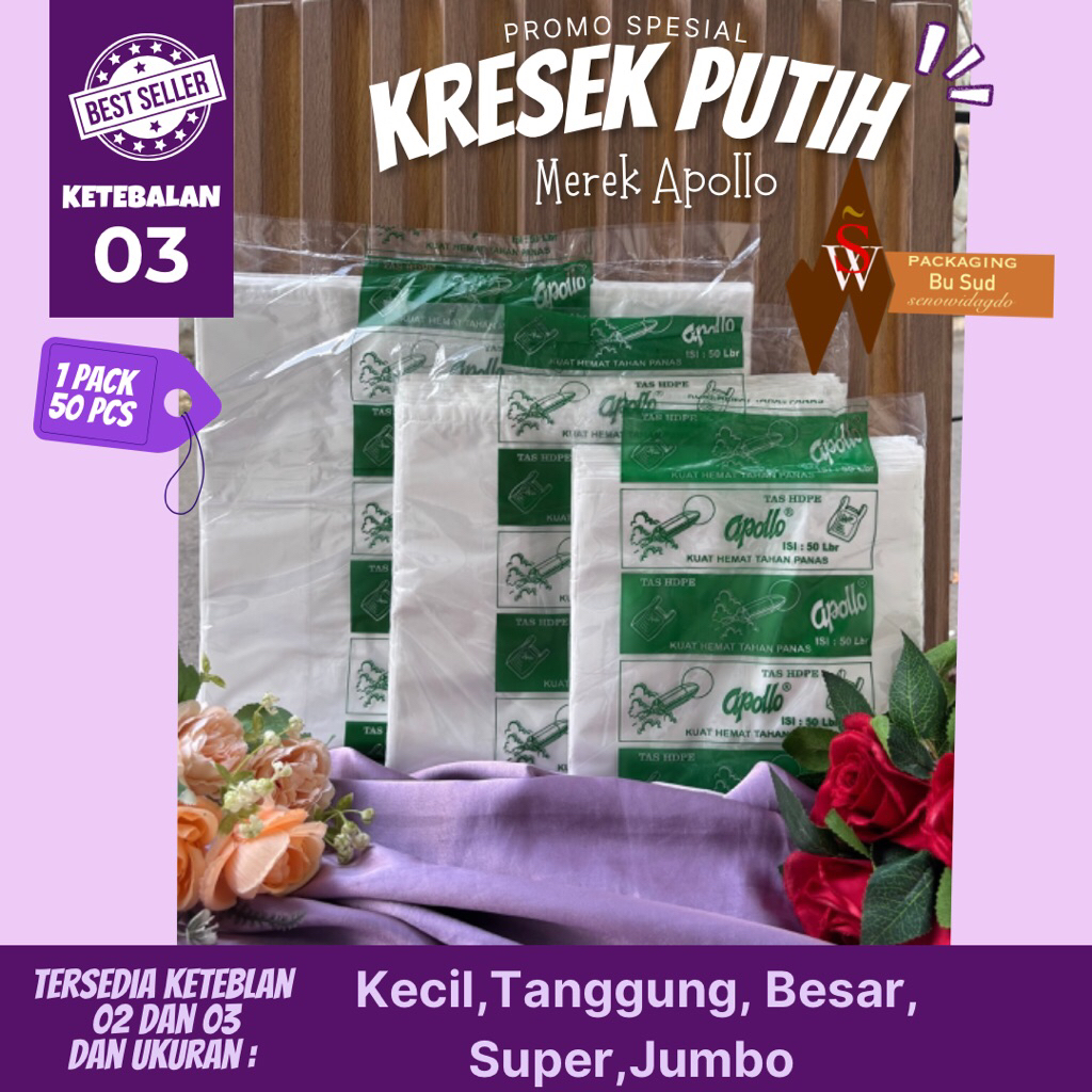 MURAH TAS KRESEK APOLLO PUTIH  TANGGUNG, BESAR, SUPER HARGA PABRIK  isi 50 pcs / tas kresek putih /k