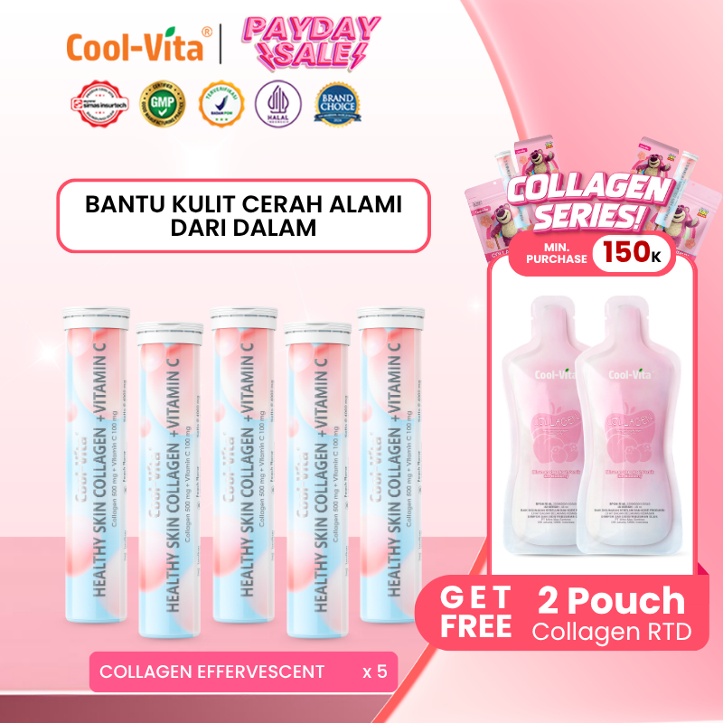 [Exclusive live] Coolvita Collagen Effervescent 5 Tube isi 100 Tablet Larut Kolagen + Vitamin C Rasa