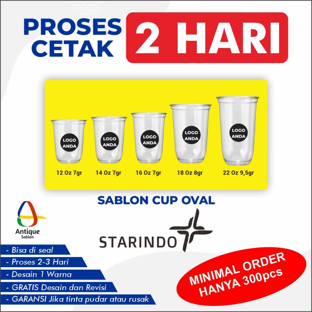 Sablon Cup Oval STARINDO Gelas Packaging Plastik PP Custom 12 Oz, 14 Oz, 16 Oz, 18 Oz Tebal 7-9 Gram