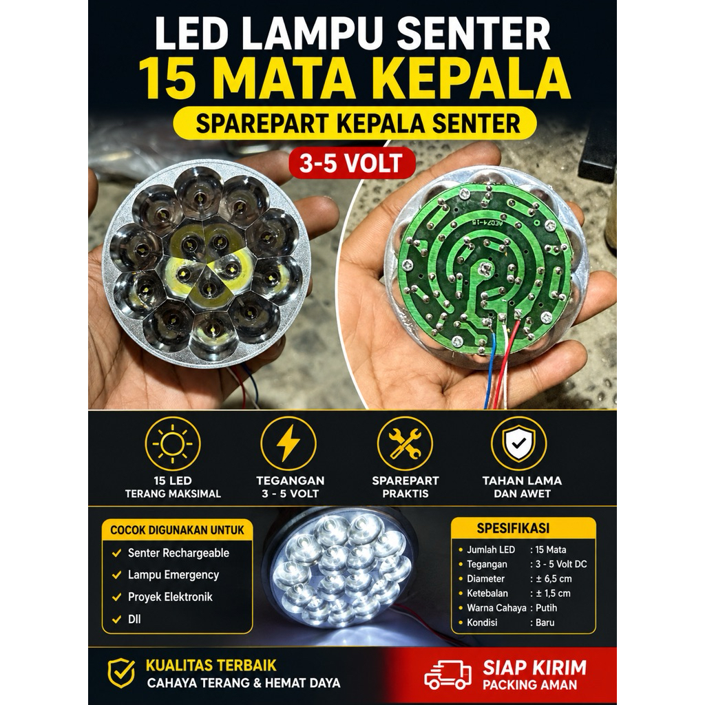 LED Lampu Senter 15 Mata Kepala Senter Sparepart Kepala Senter 3-5 Volt Lampu Emergency LED Putih Te