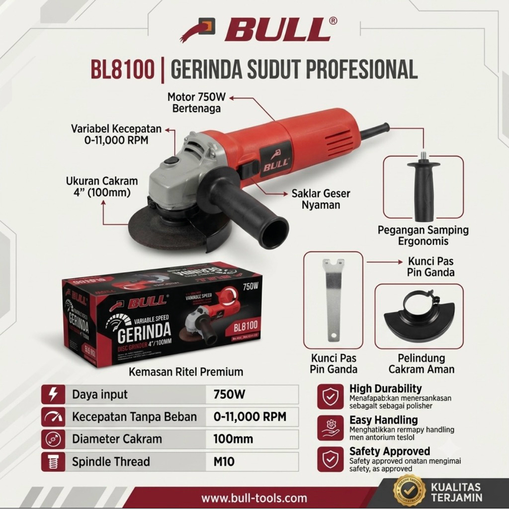 Bull BL 8100 / Mesin Gerinda Tangan 4" Bull BL8100 VS Variable Speed - Angle Grinder Bull 8100