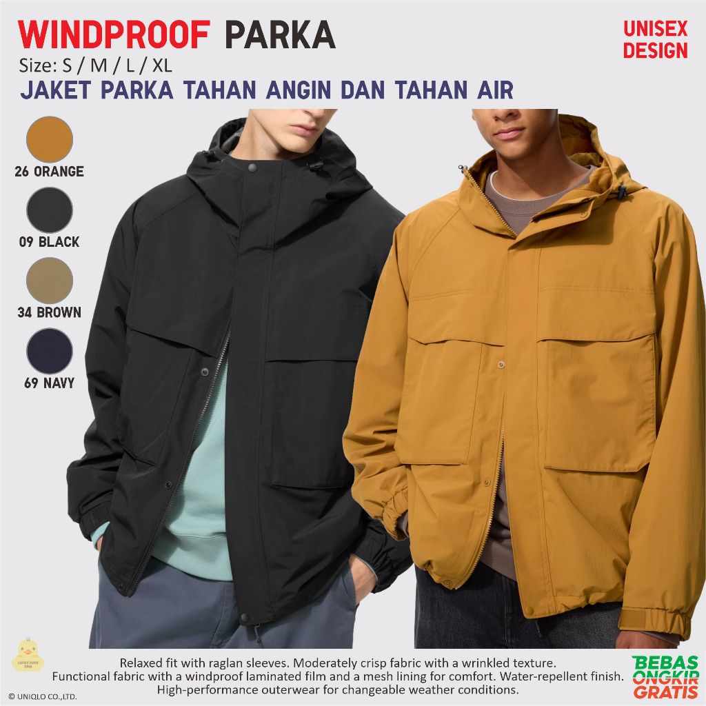 UNIQLO Windproof Parka Waterproof Jacket Unisex Jaket Anti Angin dan Hujan Outerwear Relaxed Raglan