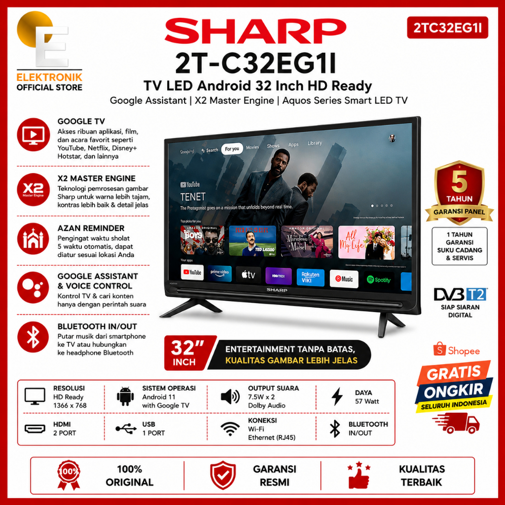 Sharp 2TC32EG1I TV LED Android 32 Inch HD Ready Google Assistant X2 Master Engine Aquos Series Smart