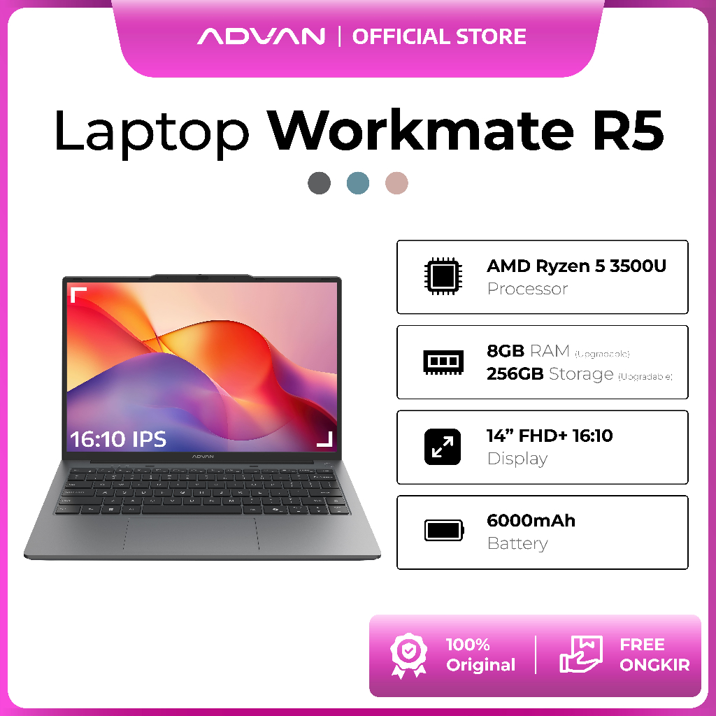 [FREE STAND LAPTOP] ADVAN Laptop WorkMate | AMD Ryzen 5 3500U / Intel i3-1215U | 14 Inch FHD+ 16:10 