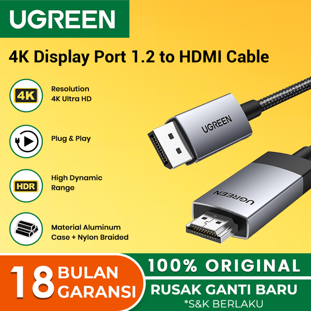 UGREEN Kabel Sambungan PC DisplayPort to HDMI Monitor 4K 2M