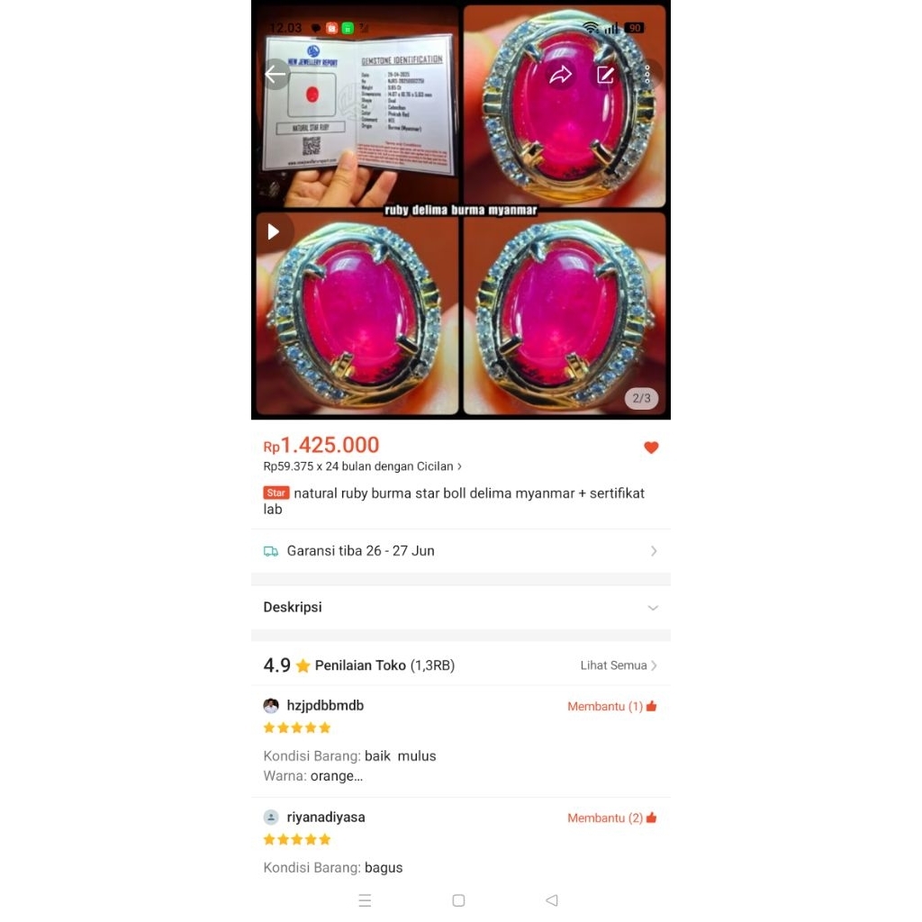 natural Ruby Burma star super + sertifikat lab
