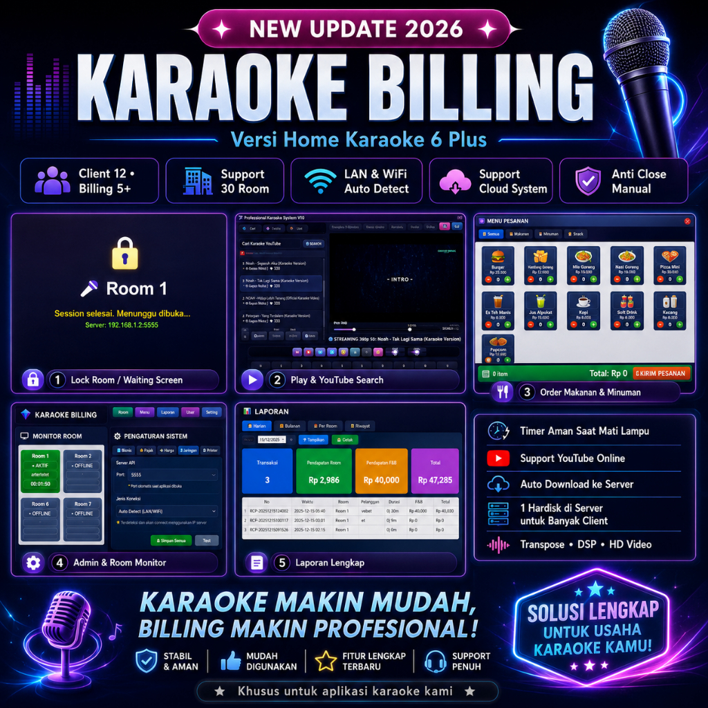 Software Karaoke Billing Profesional Terbaru + Order Makanan dari Room TERBARU v6 PLUS CLOUD