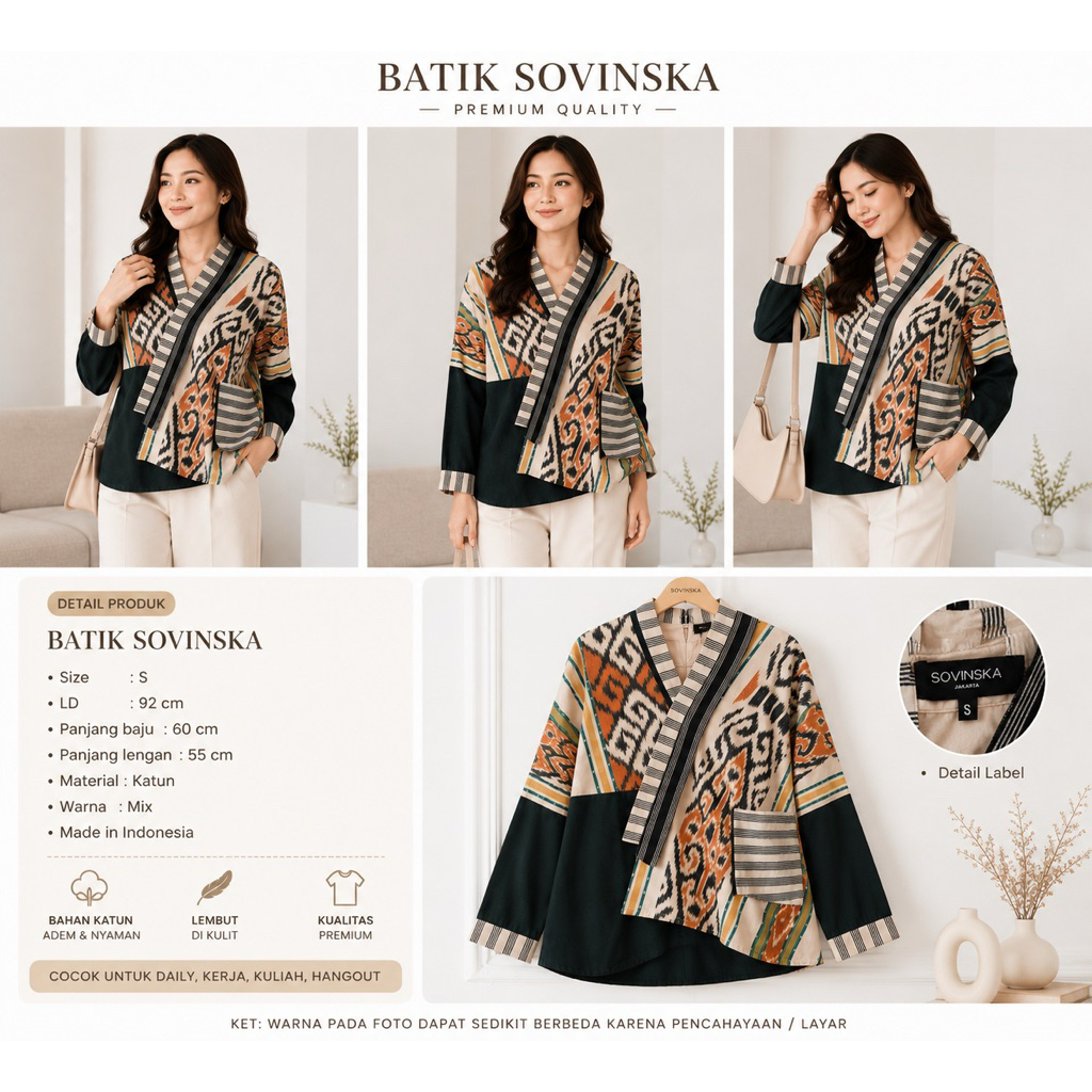 Batik Sovinska Original Size S Blouse Batik Wanita Modern Katun Premium Motif Etnik