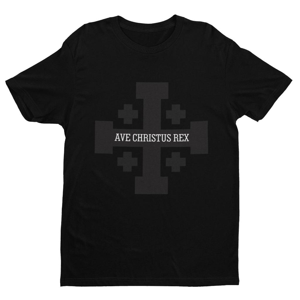 Kaos Rohani Kristen Jerusalem Cross Ave Christus Rex Black on Black