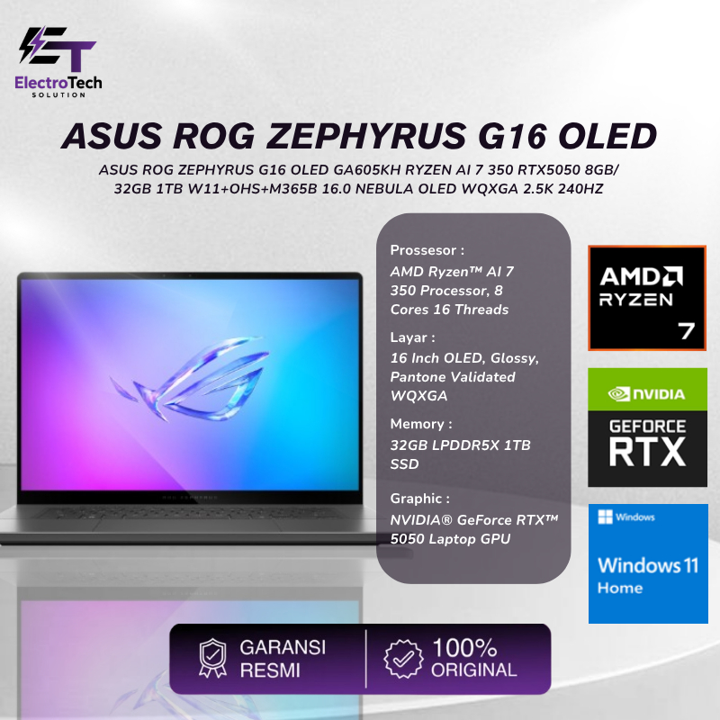 ASUS ROG ZEPHYRUS G16 OLED GA605KH RYZEN AI 7 350 RTX5050 8GB/ 32GB 1TB W11+OHS+M365B 16.0 NEBULA OL