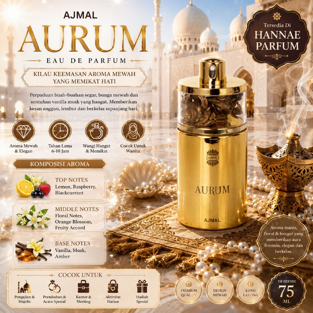 Ajmal Aurum Eau de Parfum 75ml - Unisex Floral Fruity Eau de Parfum Aroma Bunga Jeruk, Amber, Musk, 