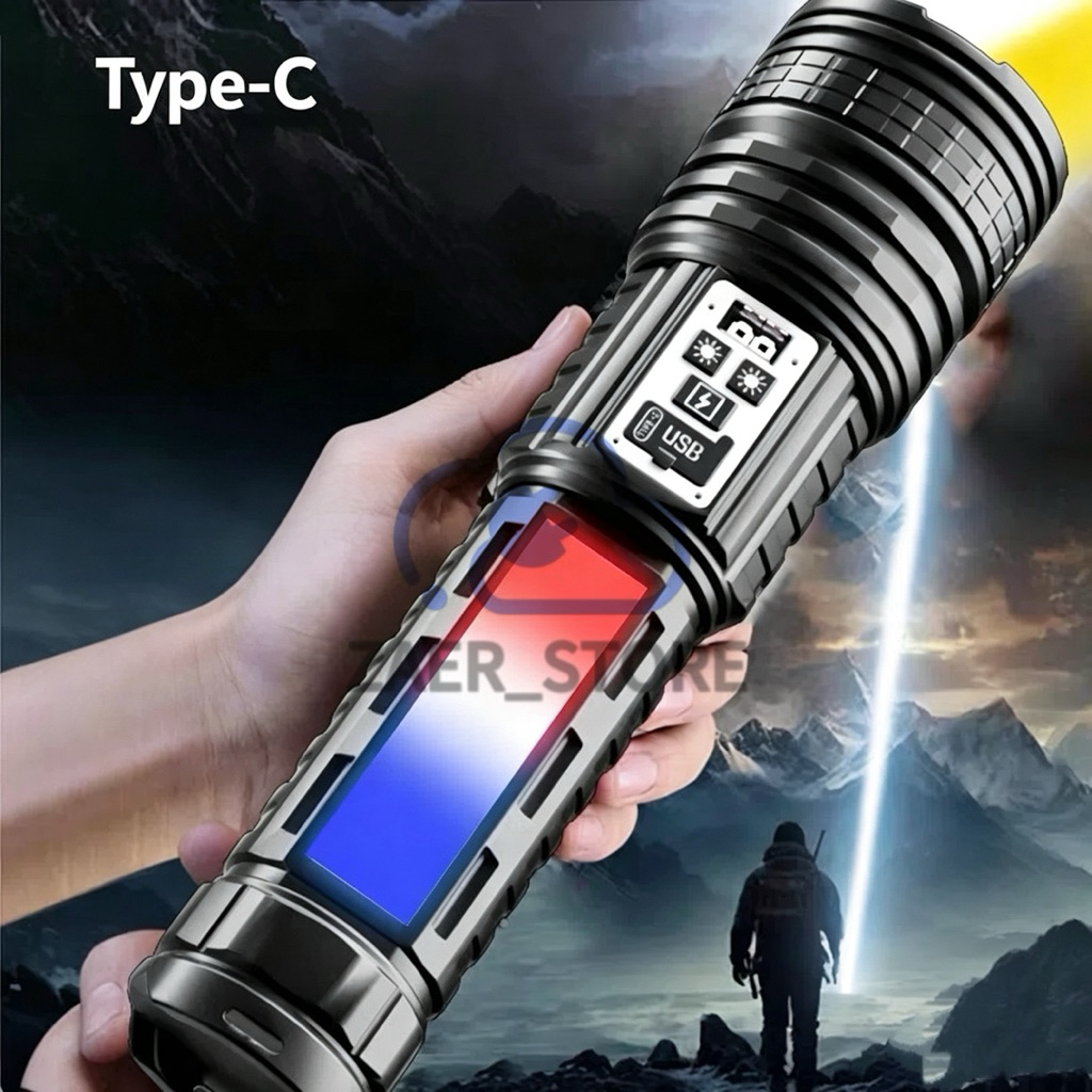 Senter Led Jumbo Super Terang Dua Warna 14 Light Mode Senter Zoom Senter Jarak Jauh Type C 1000M