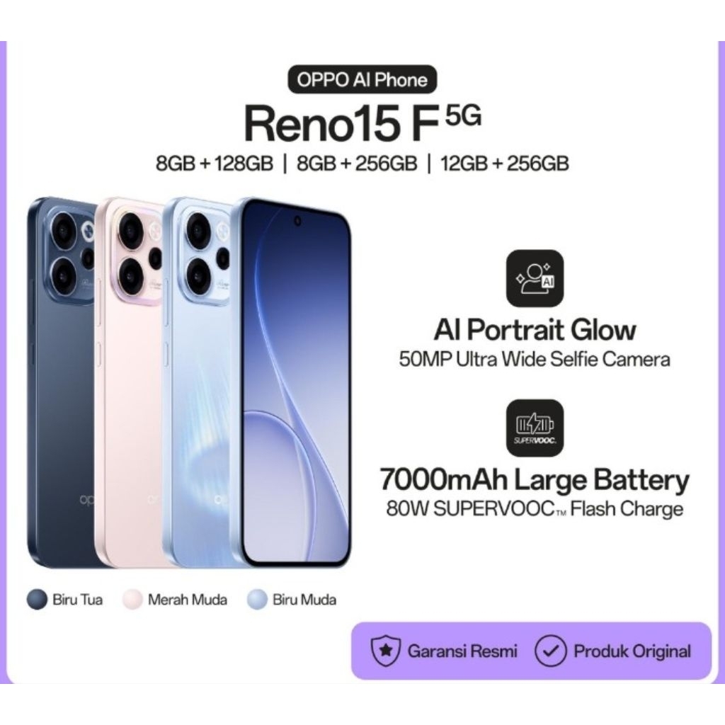 oppo reno 15F 5G ram 8/256 gb baterai 7.000 mah garansi resmi original