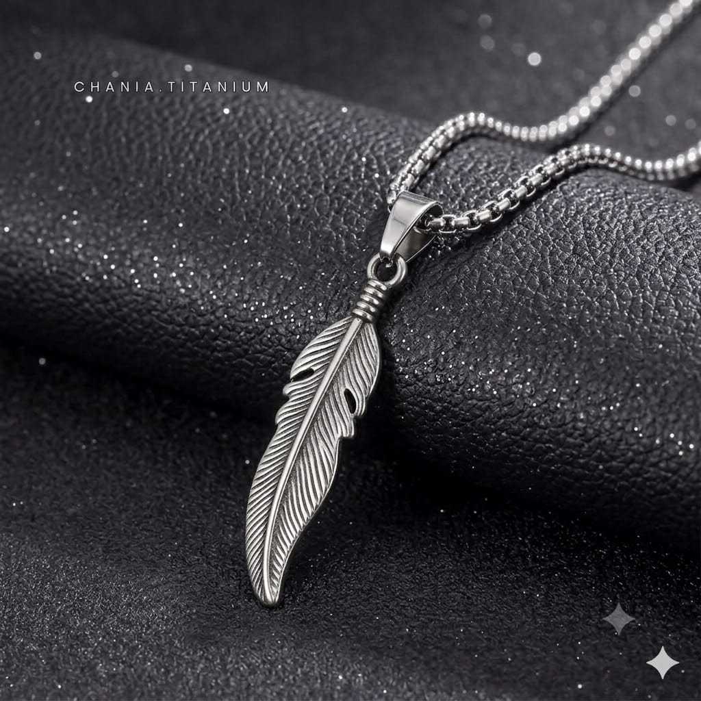 Kalung Pria Titanium Model Liontin Bulu Keren Feathers Bulu Silver Anti Karat Premium Necklace Cowok