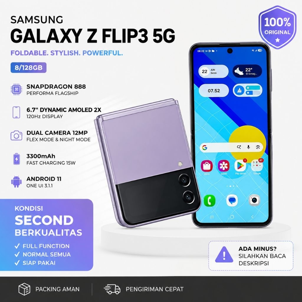 SAMSUNG GALAXY Z FLIP3 5G 8/128GB BLACK - SECOND RESMI INDONESIA handphone hp smartphone second sams