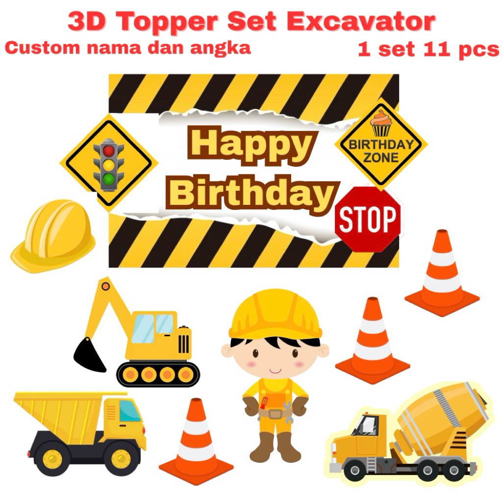Cake topper 3D mobil Excavator custom nama