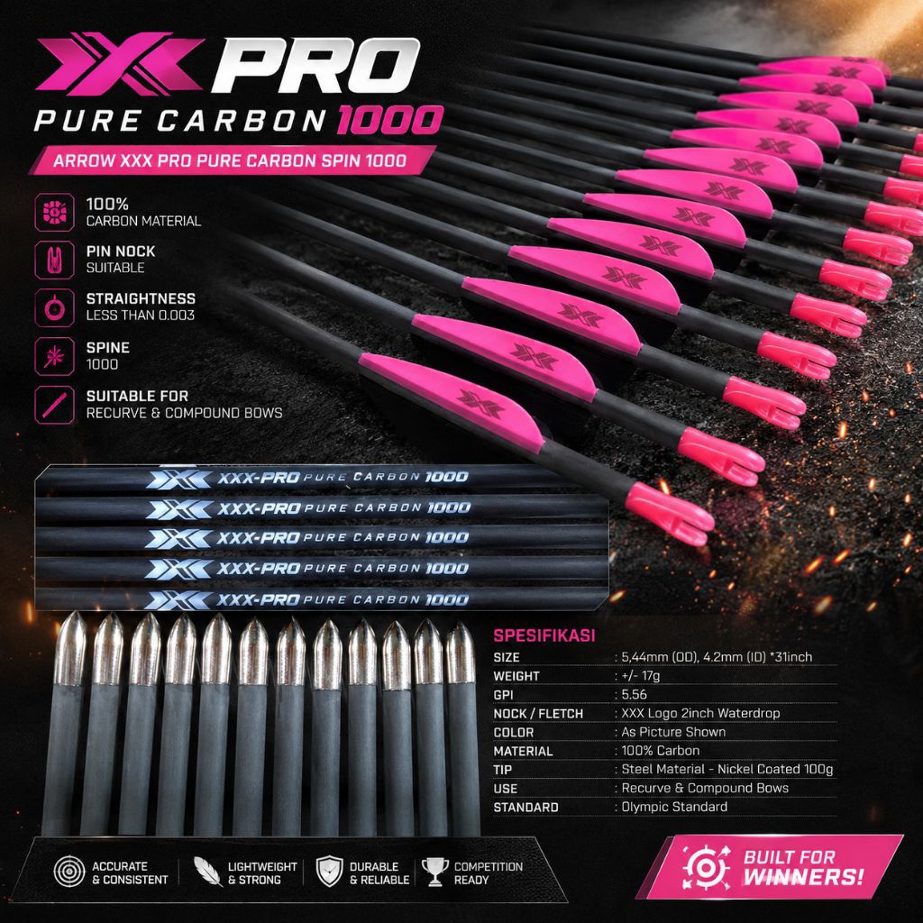 XXX-PRO PURE CARBON Arrow Spine 1000Arrow Full Carbon untuk Recurve & Compound Bow