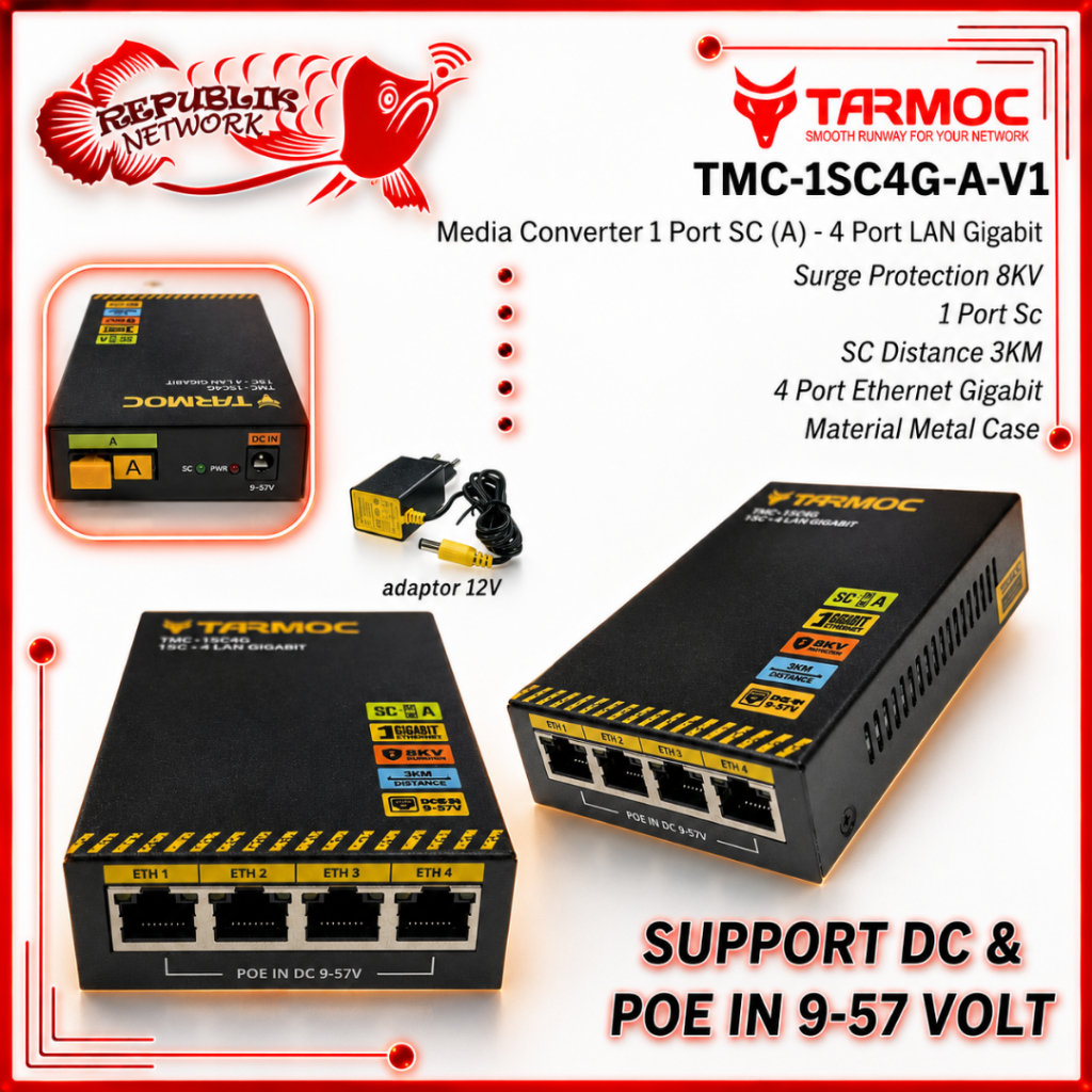 Tarmoc TMC-1SC4G-A-V1 | Media Converter Switch 1FO 4LAN / 1 FO 4 LAN Gigabit POE IN 9-57 Volt | 1SC 