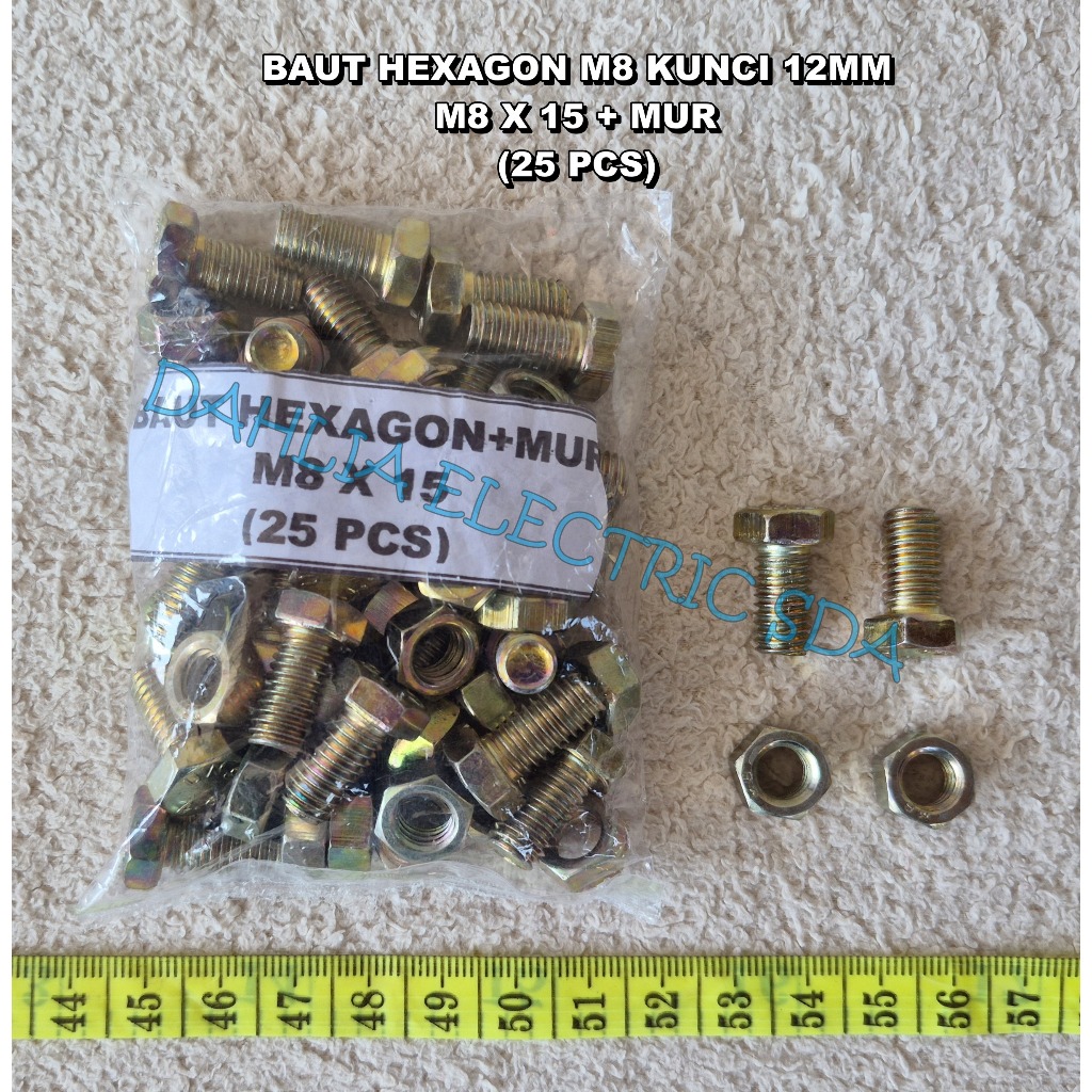 BAUT + MUR M8 KUNCI 12MM HEXAGON KUNING PANJANG 15MM-40MM (25 SET)