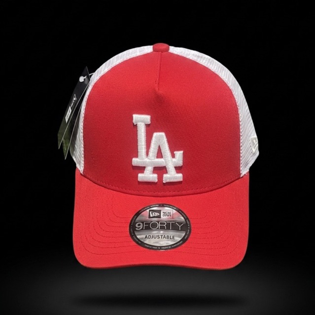 LA Logo Putih Bahan Merah Trucker Putih Topi Premium Pria Wanita