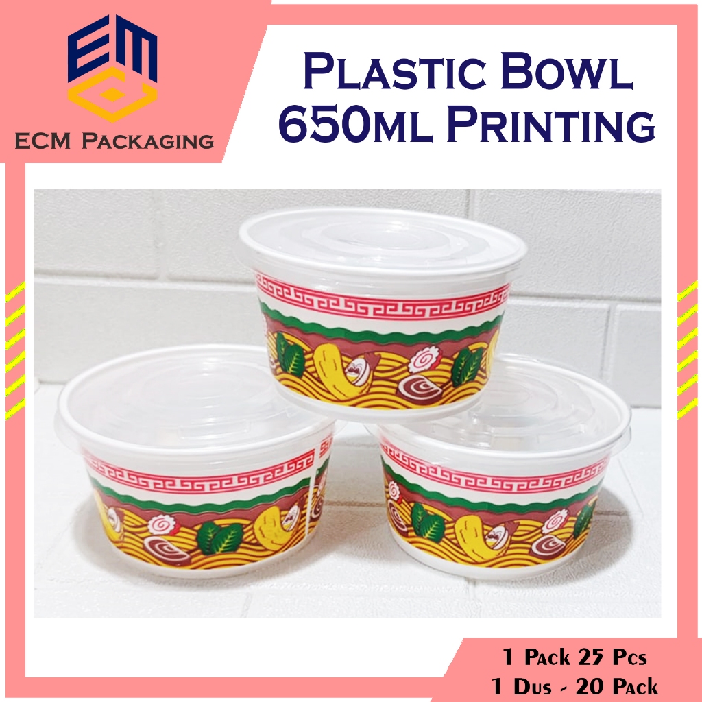 25pcs PLASTIK BOWL 650 PUTIH PRINTING + TUTUP | PAPER BOWL PLASTIC 650ML PRINT | MANGKOK PLASTIK 650