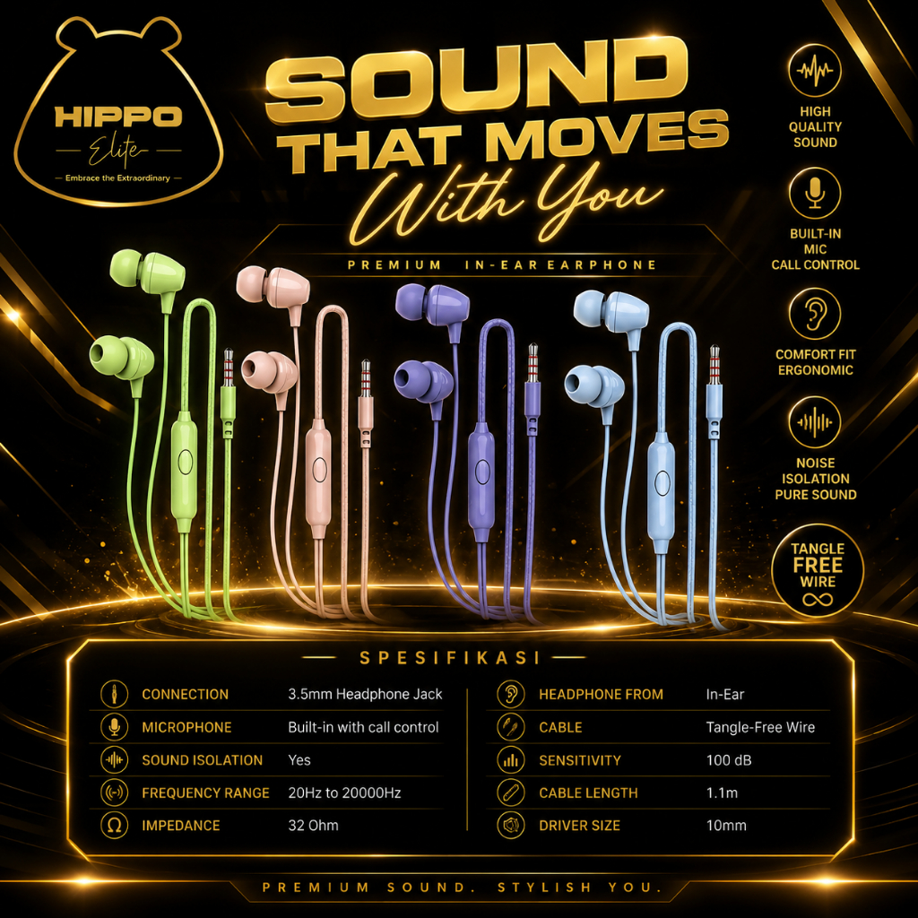Hippo Earphone Funky Neo Macaroon Super Bass Jack 3.5mm Wired Handsfree Android Original Earbuds Hea
