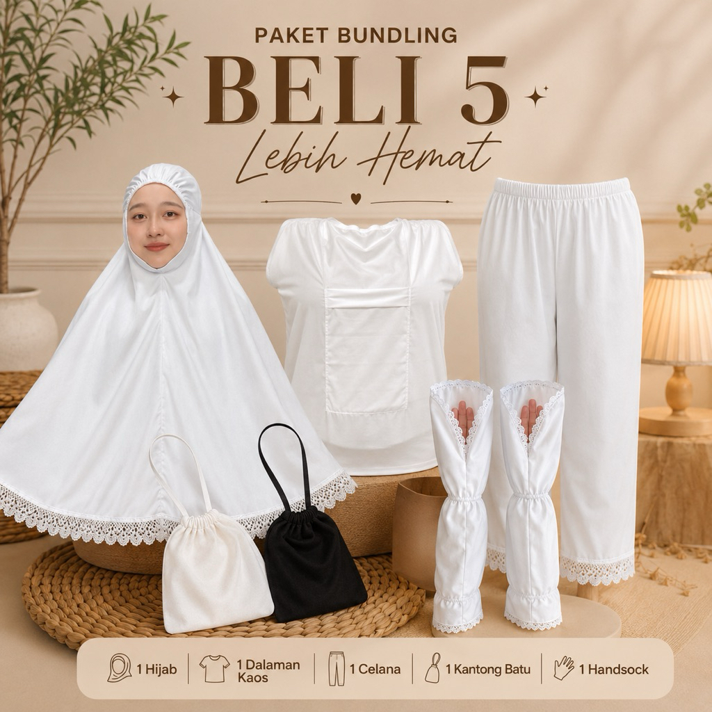 SET perlengkapan umroh haji [ hijab khadijah + kaos dalam + celana + kantong batu + handsok ]