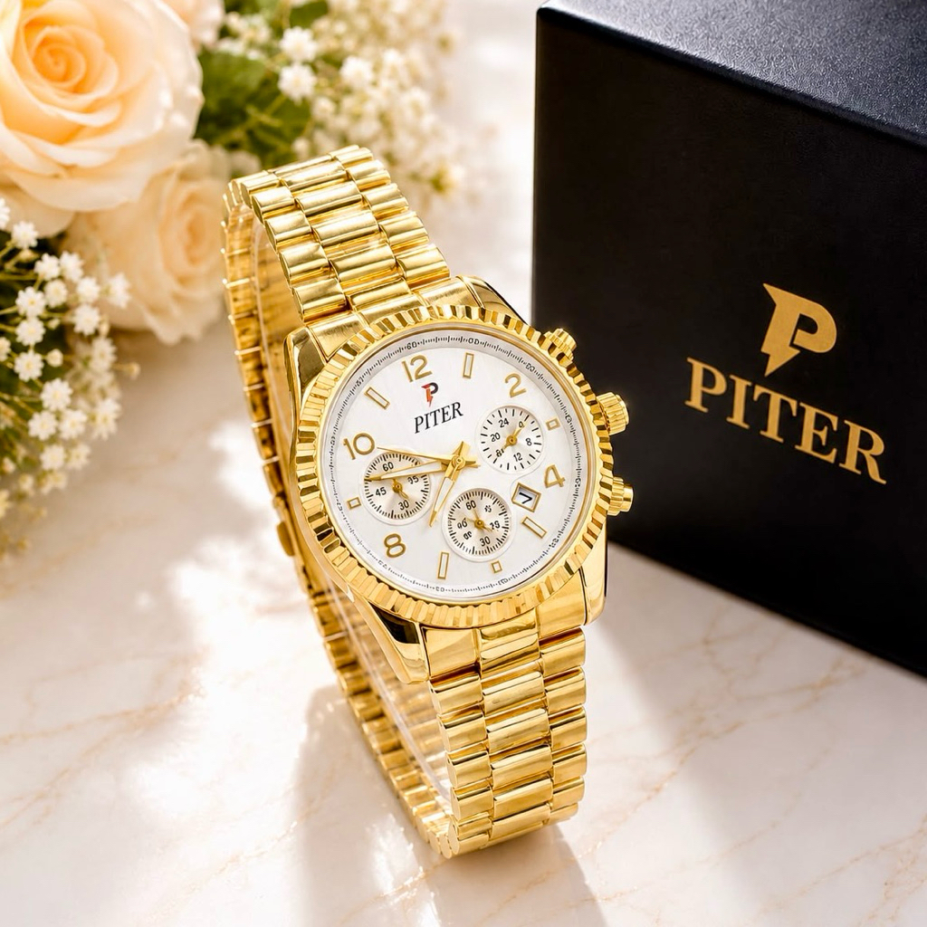 Jam Tangan Wanita Original PITER Chrono Quartz Steinless Strap Free Box
