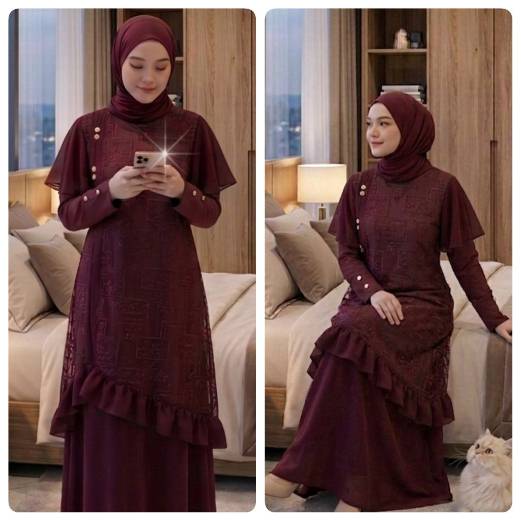 Fathia Dress Gamis Set Outer Brokat Premium Gamis Pesta Bahan Mina mix Brokat Mewah