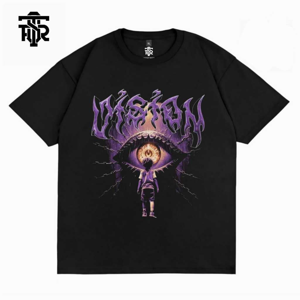 Tshirt Kaos Distro Pria Wanita Streetwear Cotton Combed 24s Vision Black Tees Firasat Merch