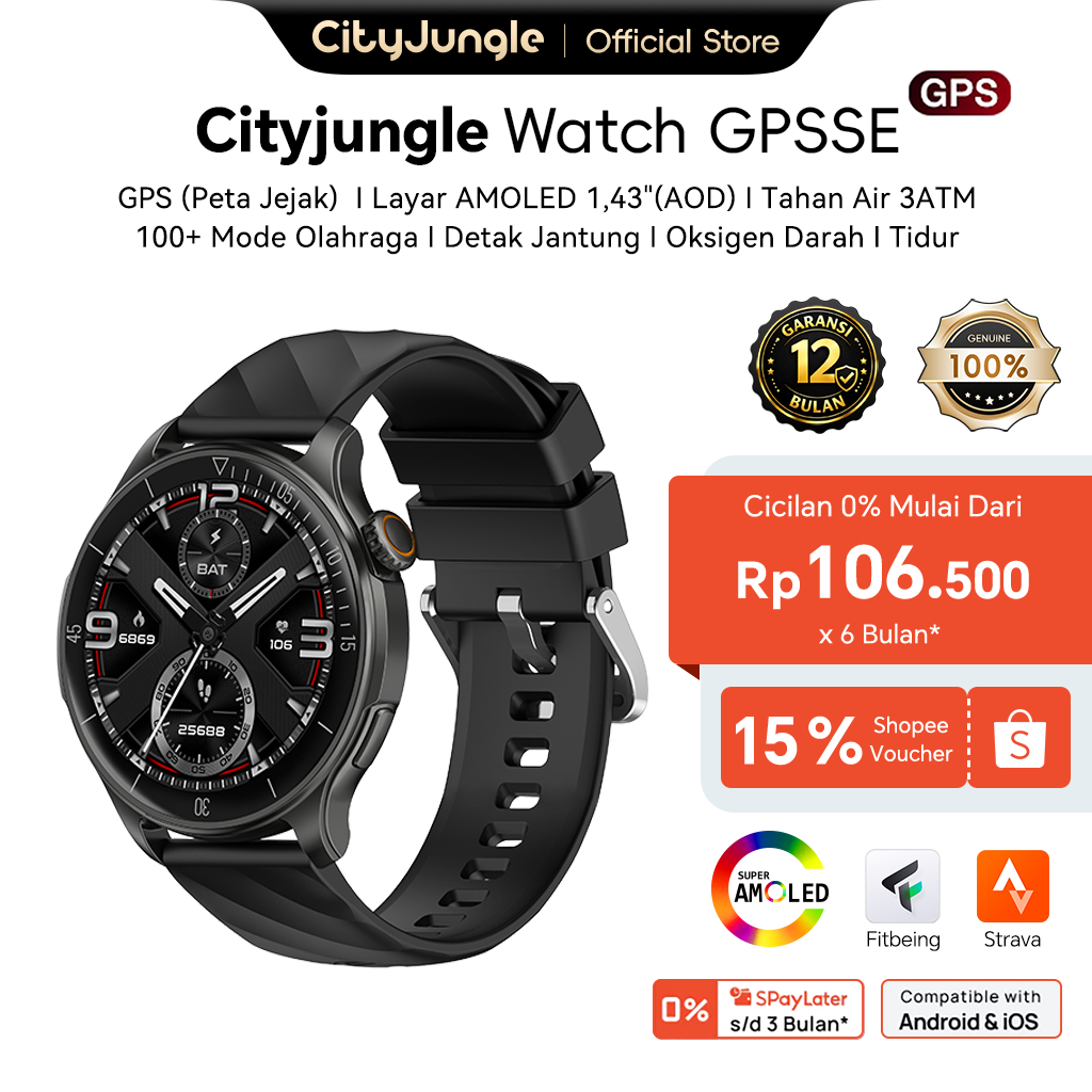 Cityjungle Smartwatch GPSSE Jam Tangan Pintar Layar AMOLED 1,43”  Tahan Air 3ATM 100+ Mode Olahraga 