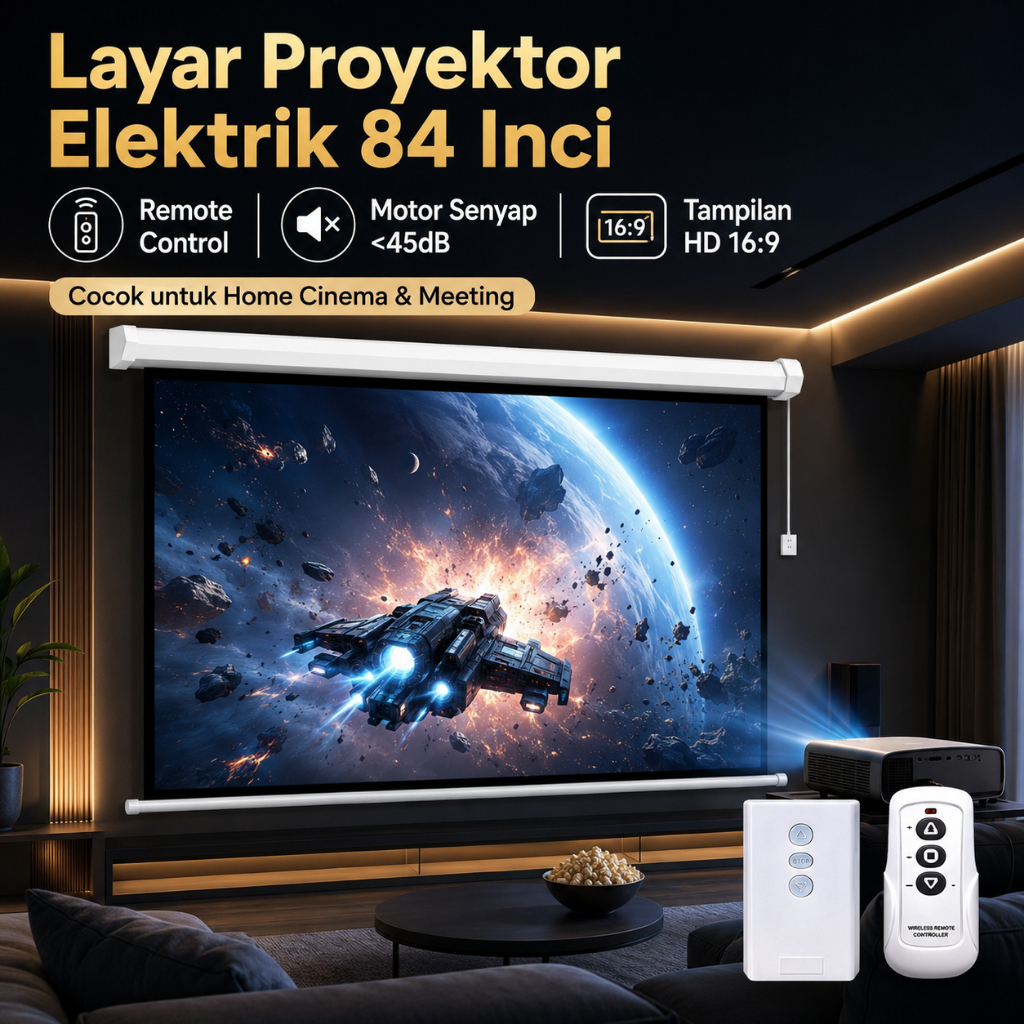 Layar Proyektor Motorized Remote Control 84 Inch / Layar Proyeksi Elektrik / Layar untuk Proyektor R