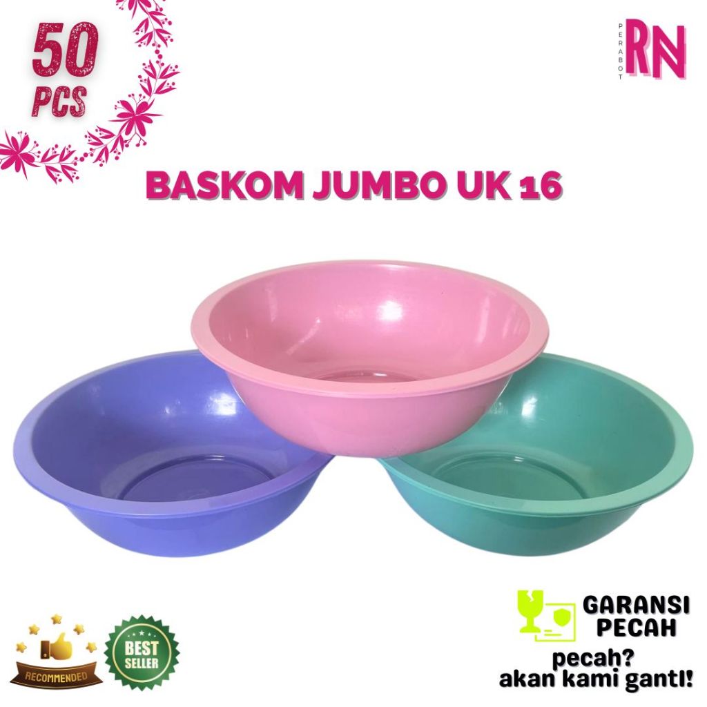 (50 pcs) BASKOM JUMBO WARNA WARNI / BASKOM UKURAN 16 / BASKOM PLASTIK / BASKOM PLASTIK JUMBO / BASKO