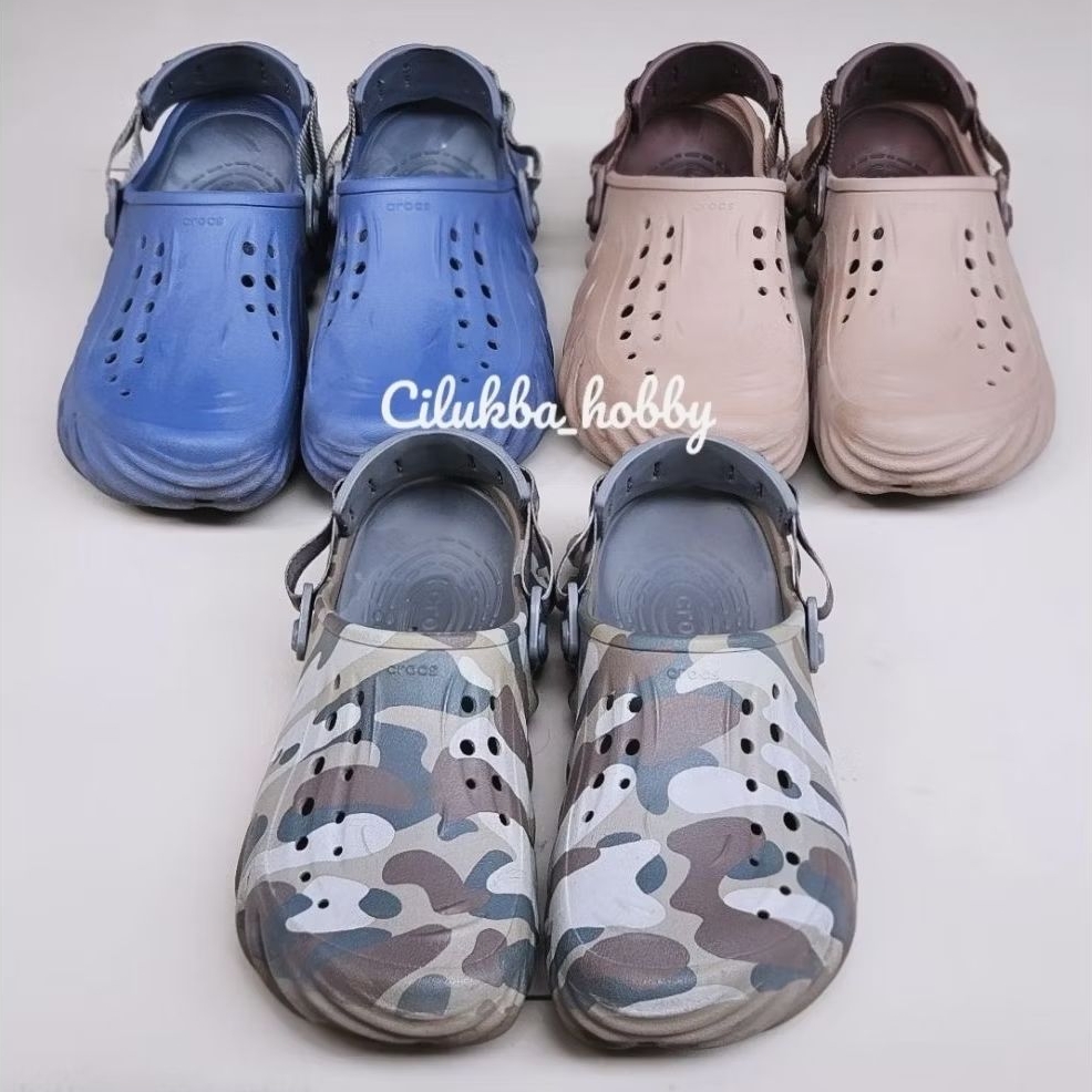 [PRELOVED GOOD CONDI] CROCS_ ECHO LATTE BROWN CAMO BIJOU NAVY • ORIGINAL CROCS_ PT MAP.             