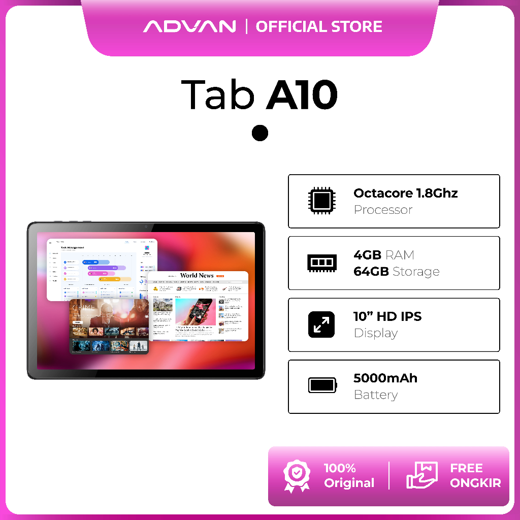 [FREE CASE] Advan Tab A10 WIFI Only 4GB/64GB 10.1'' IPS Screen Tablet 5000mAh Andorid 14 - Garansi R