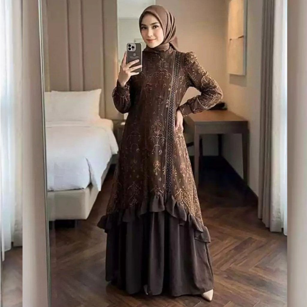 Bianca Dress Muslimah Wanita Crinkle Mix Brukat | Dress Gamis Kondangan Lebaran Mewah