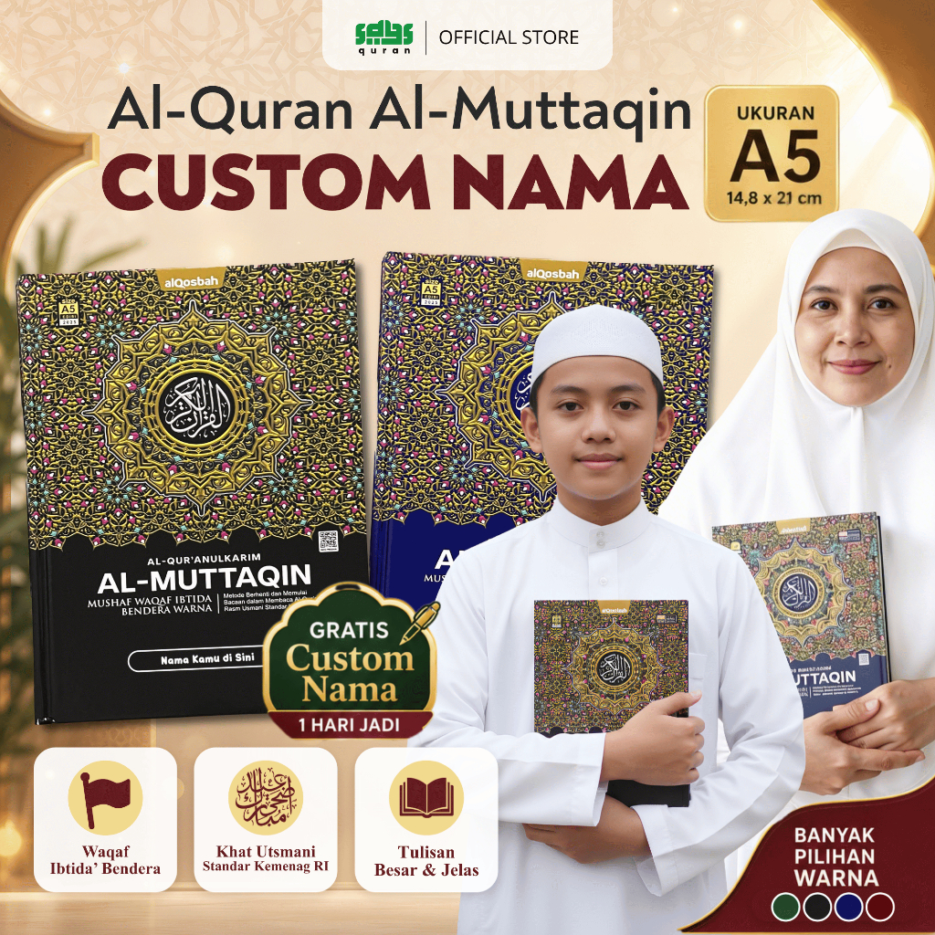 Alqosbah A5 Al Quran Al Muttaqin Custom Nama Huruf Besar Tanpa Terjemah Waqaf Ibtida Hardcover 4 War