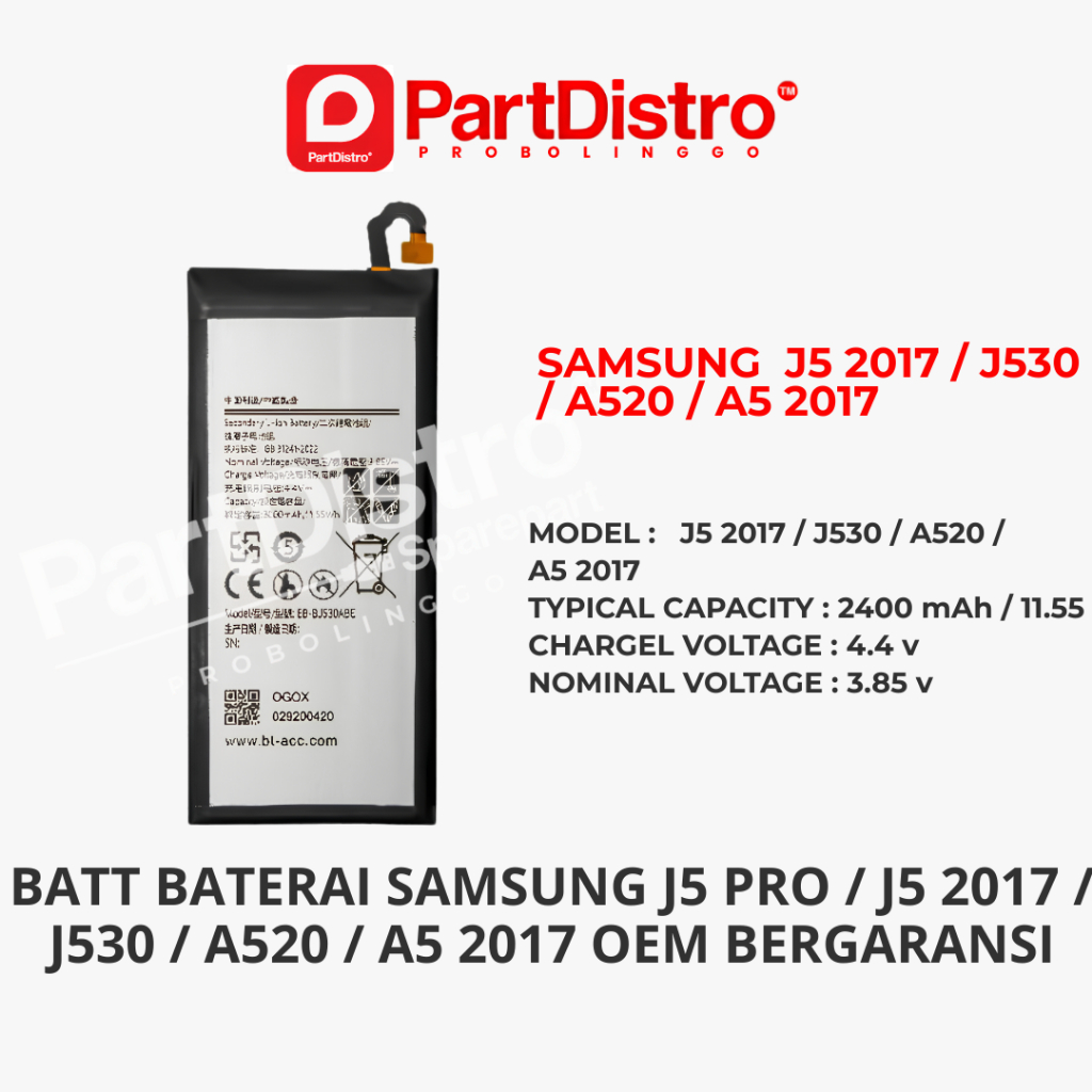 BATT SAMSUNG J5 PRO / J5 2017 / J530 / A520 / A5 2017 BATTREI BATTERY BATERAI OEM BERGARANSI