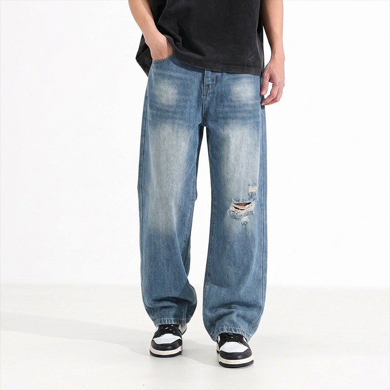 Celana Jeans Pria Baggy Oversize Sobek Fashion Streetwear Celana Denim Longgar Wide Leg Trendy