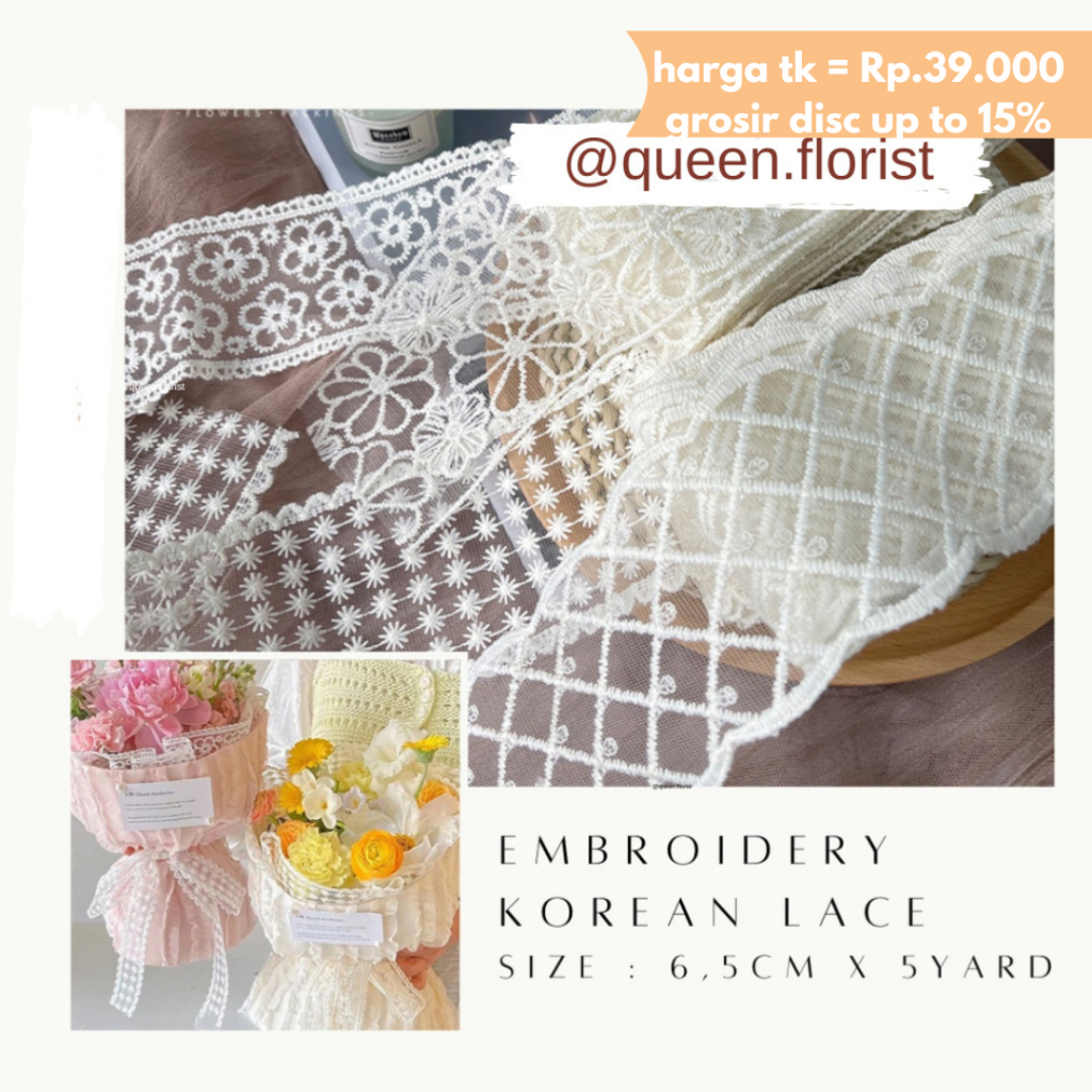5YARD X6,8CM EMBROIDERY KOREAN LACE RENDA TIMBUL  Renda giper/gyper/bordir/renda 0.5 meteran, lebar 